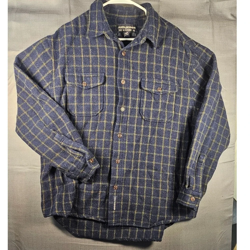 Abercrombie & Fitch XL Wool Blend Plaid Flannel Shirt Navy Yellow Windowpane